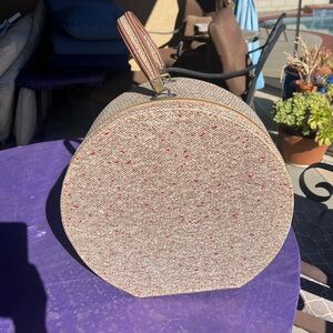 Vintage round luggage 1950s light brown with red speckled
